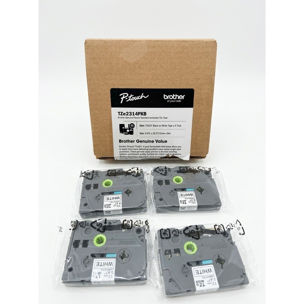Brother Genuine TZe-231 12mm 0.47" Black on White Tape 4-Pack TZe2314PKB New